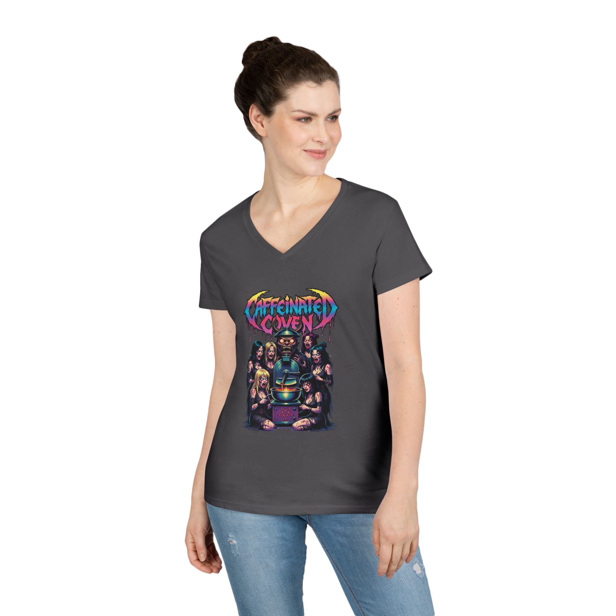 Caffeinated Ladies' V-Neck T-Shirt — Retro Horror Crew Graphic Tee (Creepy Doll & Dripping Logo)