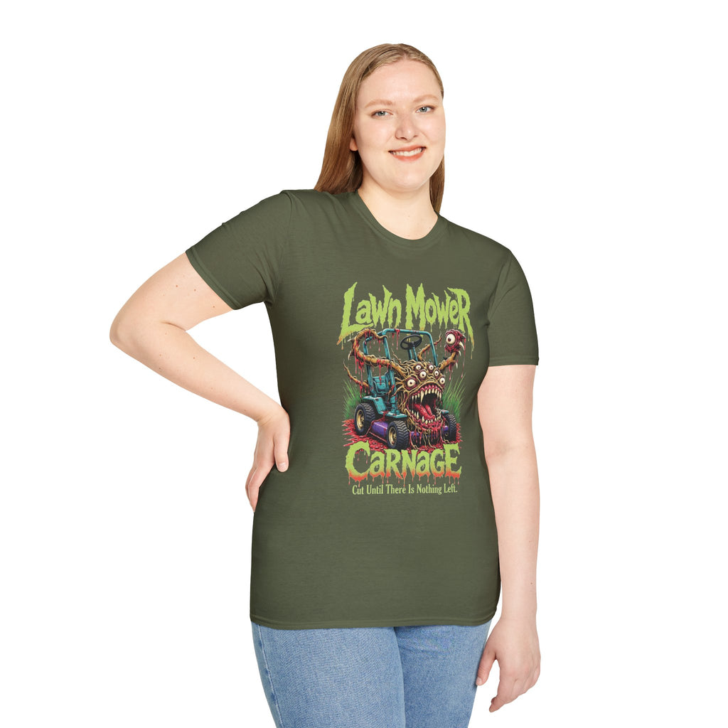 Lawn Mower Carnage Tee — Retro Horror Garden Monster T-Shirt