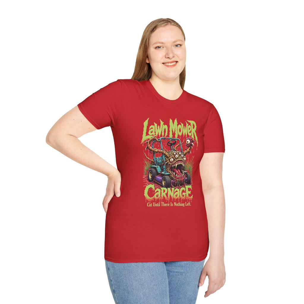 Lawn Mower Carnage Tee — Retro Horror Garden Monster T-Shirt