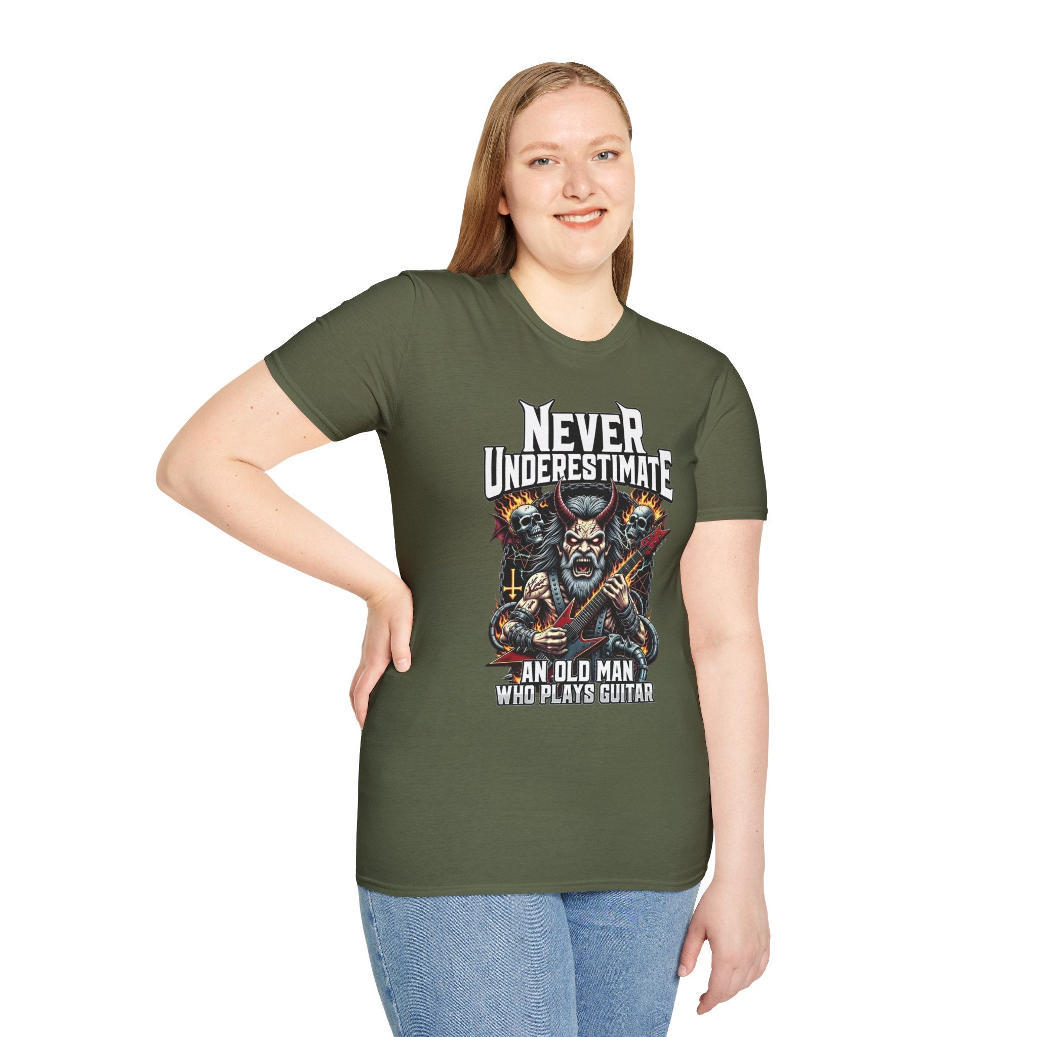 Never Underestimate an Old Man Who Plays Guitar T-Shirt — Vintage Rock Guitarist Tee