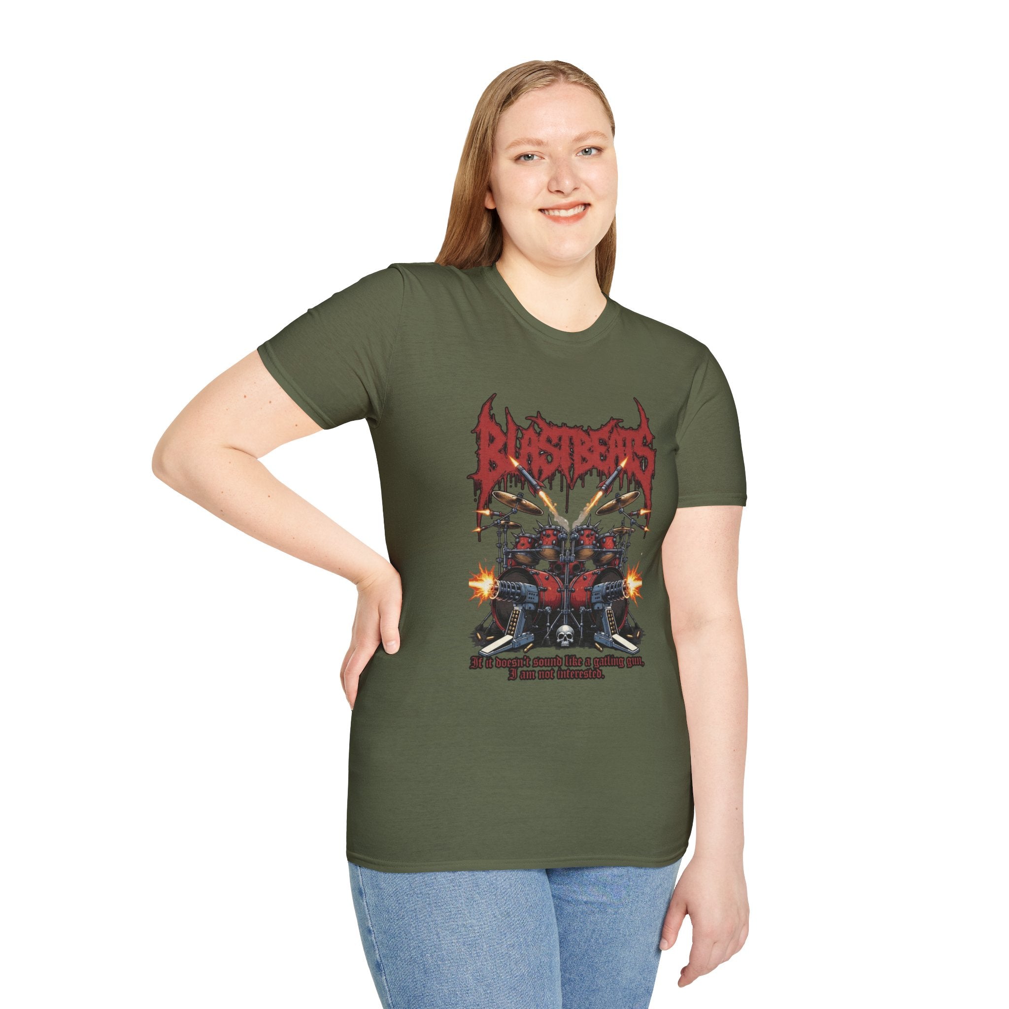 Blast Beats Metal T-Shirt — Drumset & "If the Kicks Don't Sound Like Gatling Guns" Design