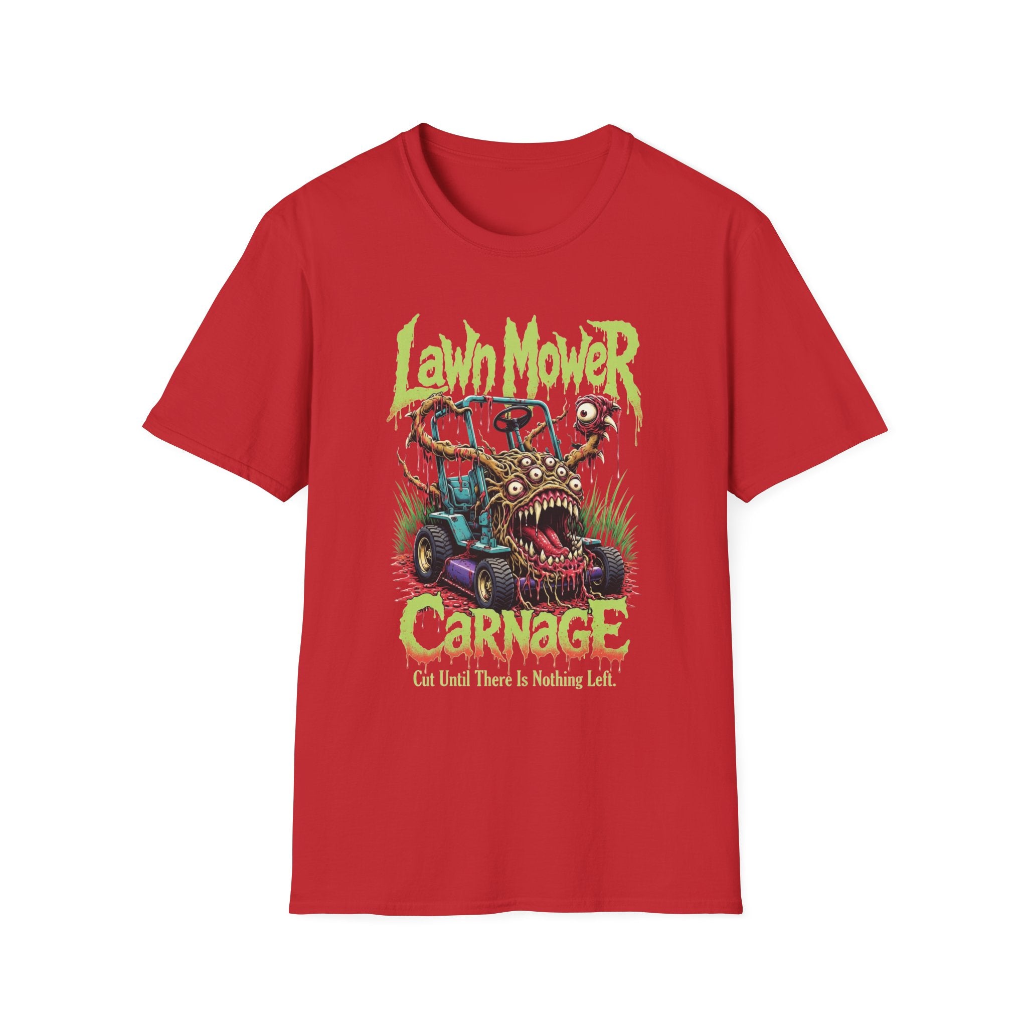 Lawn Mower Carnage Tee — Retro Horror Garden Monster T-Shirt