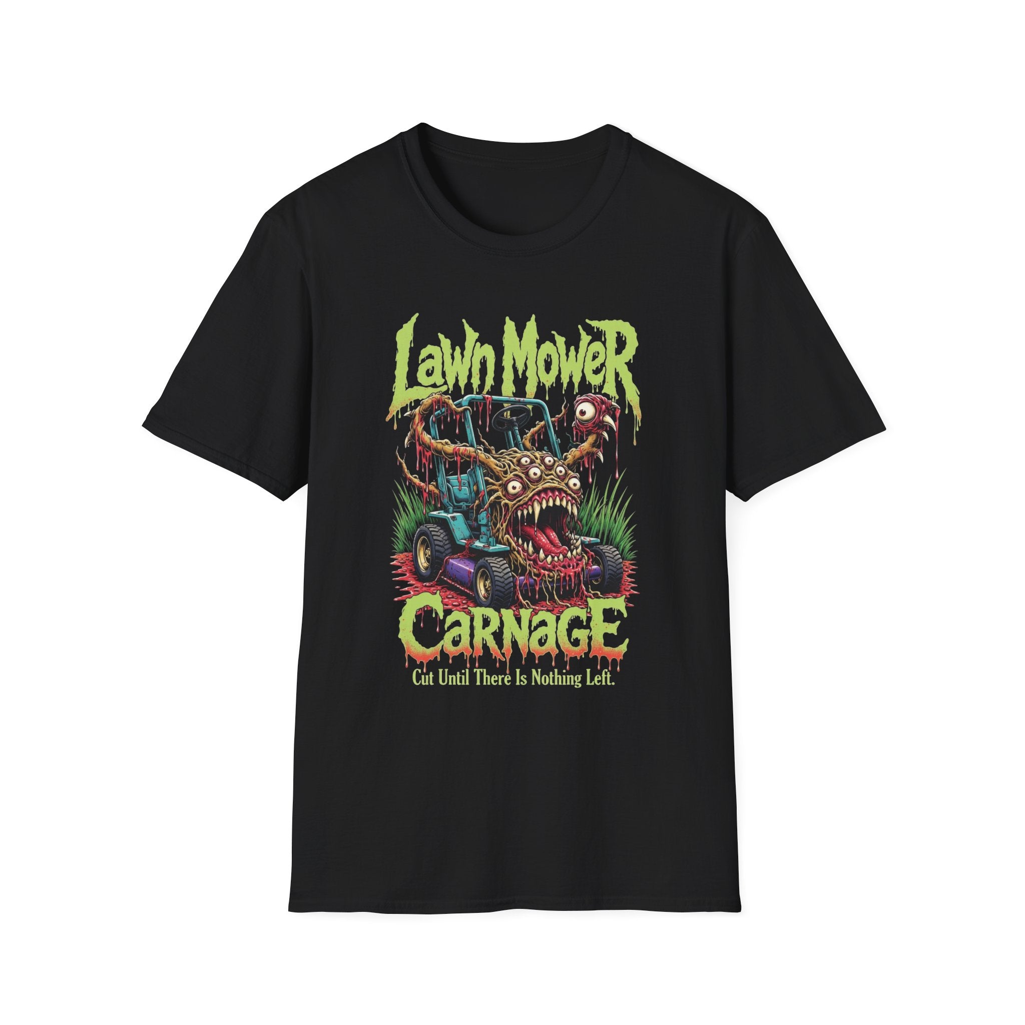 Lawn Mower Carnage Tee — Retro Horror Garden Monster T-Shirt
