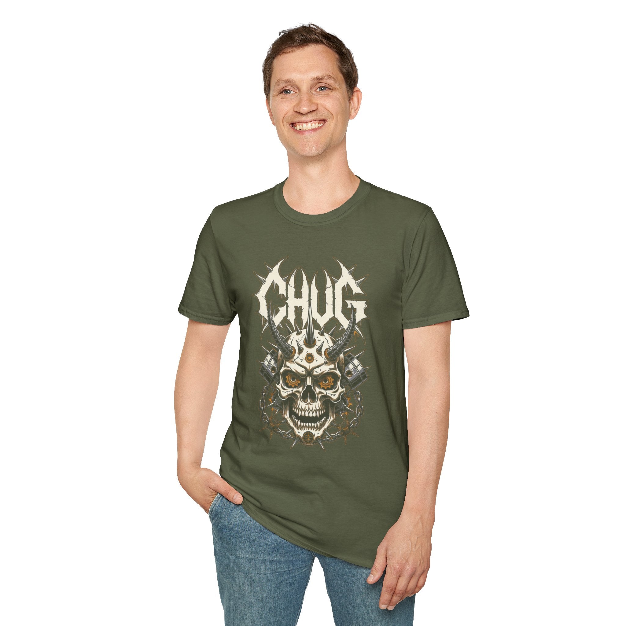Chug Guitar Riffs Skull Tee — "Chug" Chains & Pistons Metal T-Shirt