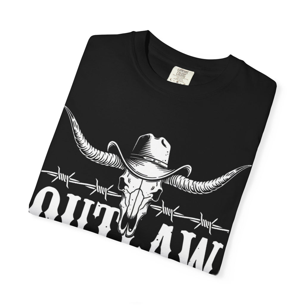 Outlaw Western T-Shirt — Longhorn Skull & Barbed Wire Cowboy Tee