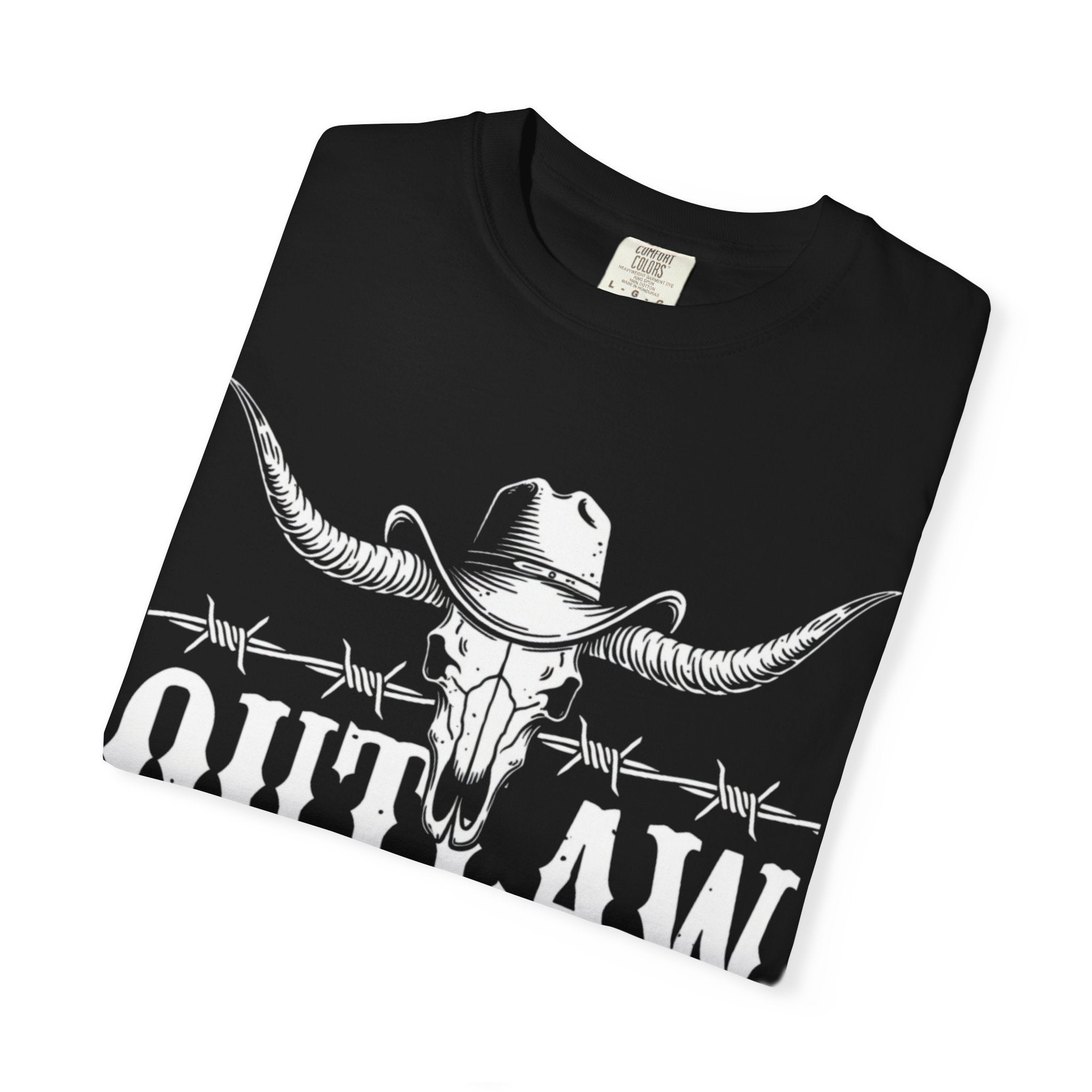 Outlaw Western T-Shirt — Longhorn Skull & Barbed Wire Cowboy Tee