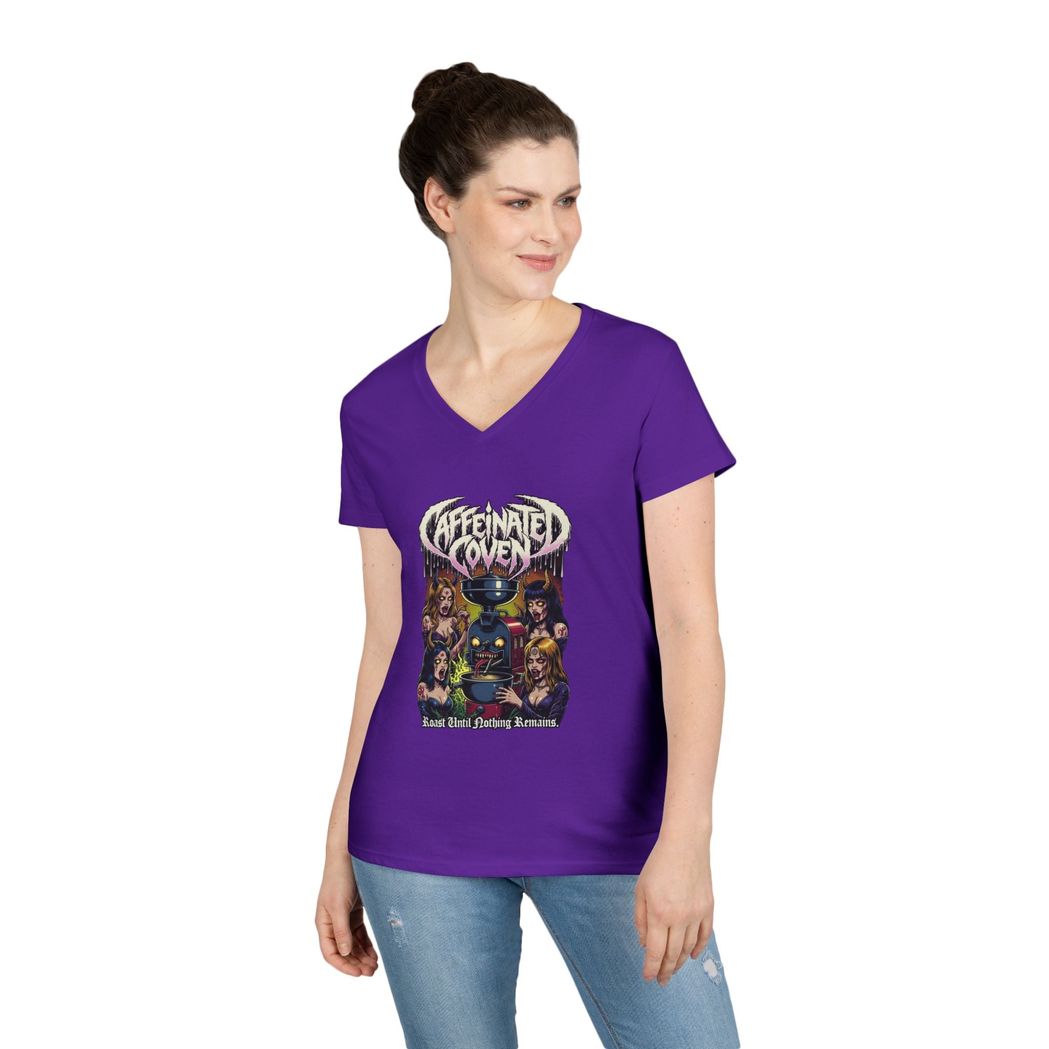Caffeinated Coven V-Neck Tee — Retro Witchy Graphic T-Shirt