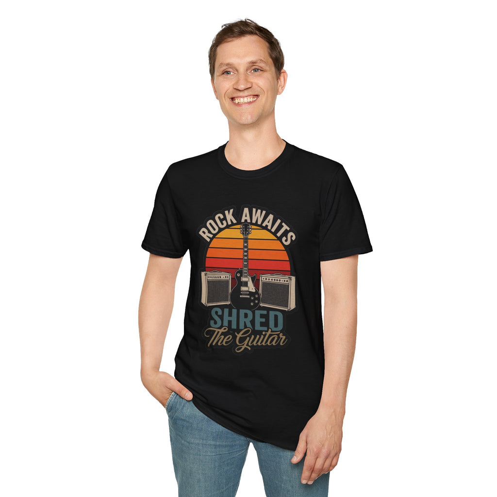 Rock Awaits "Shred the Guitar" T-Shirt - Retro Guitar & Amp Graphic