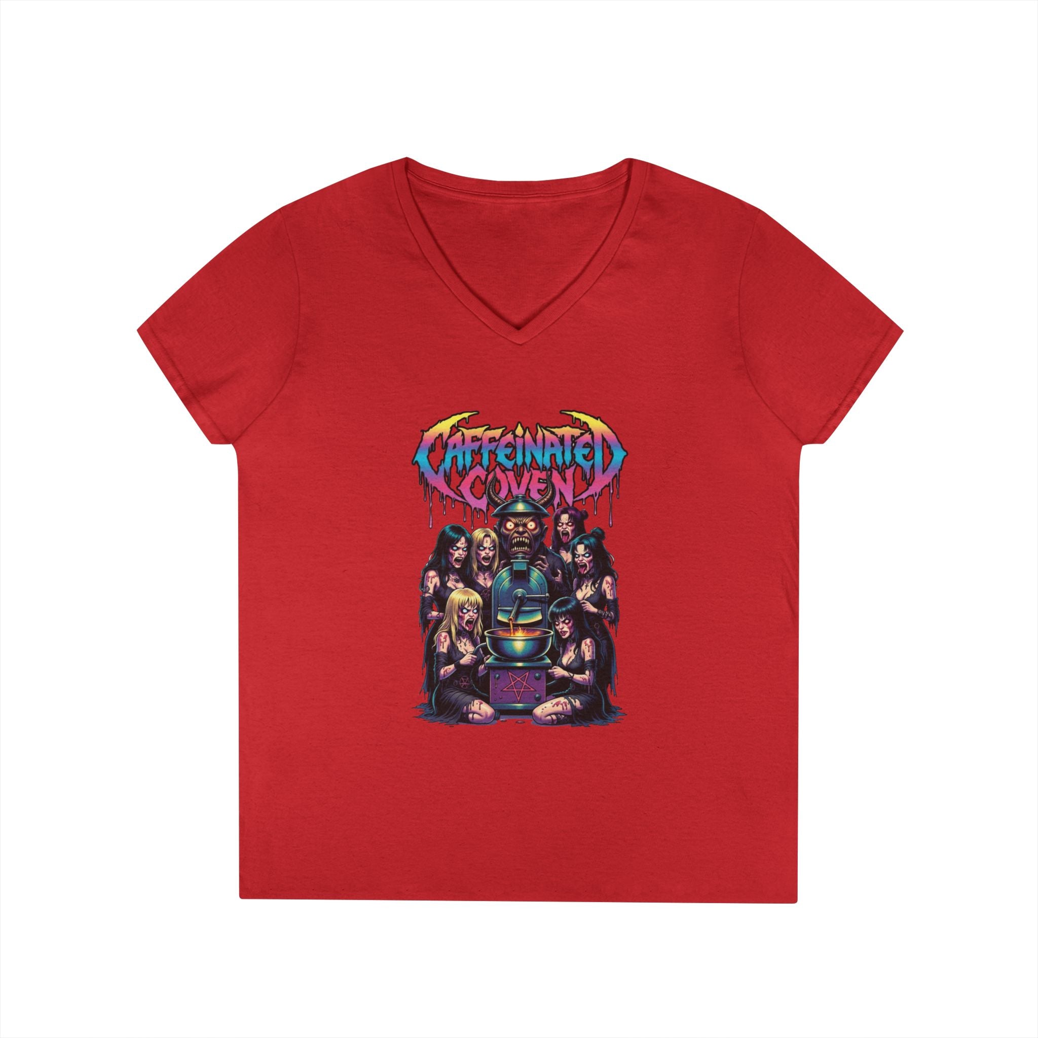 Caffeinated Ladies' V-Neck T-Shirt — Retro Horror Crew Graphic Tee (Creepy Doll & Dripping Logo)