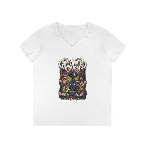Caffeinated Coven V-Neck Tee — Retro Witchy Graphic T-Shirt