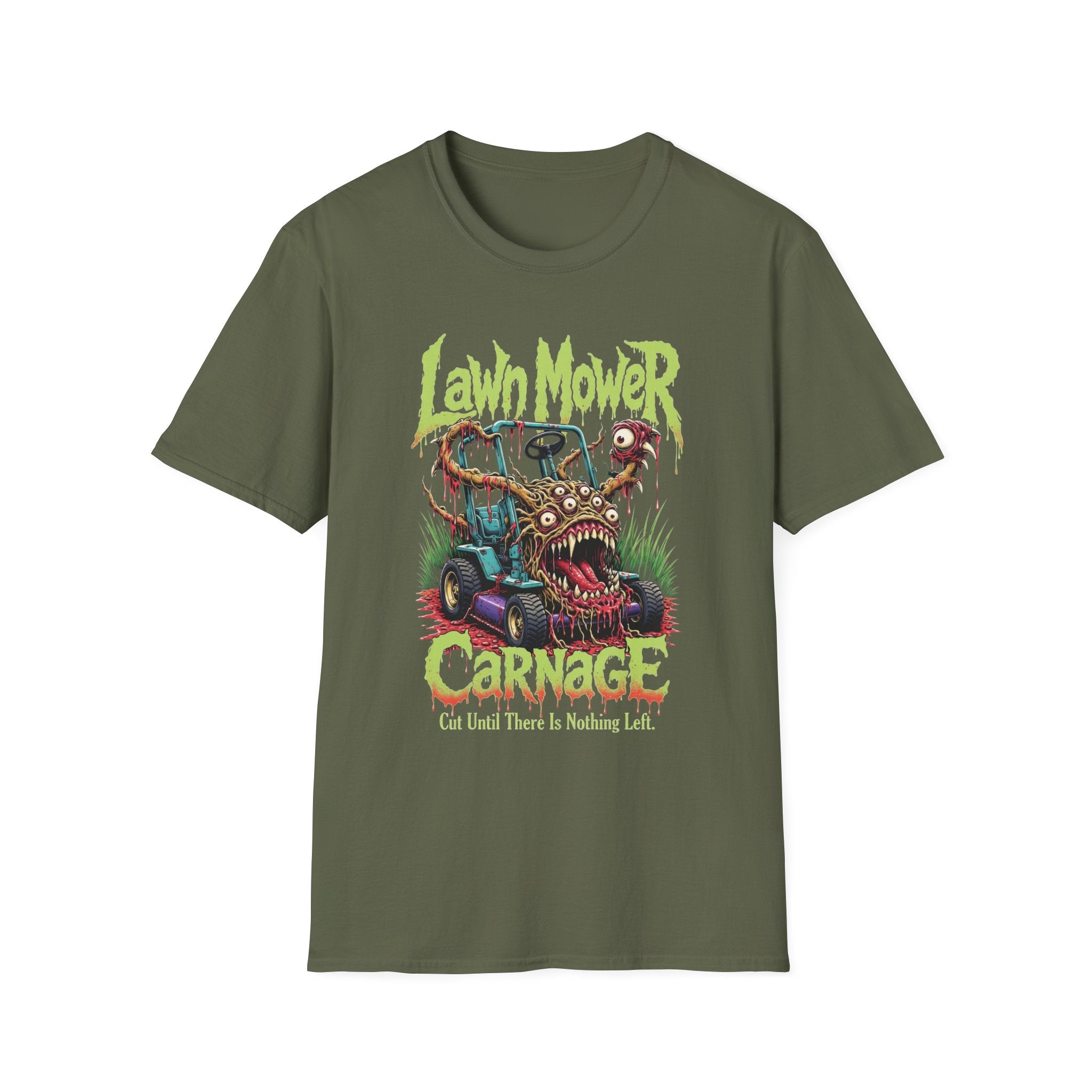 Lawn Mower Carnage Tee — Retro Horror Garden Monster T-Shirt