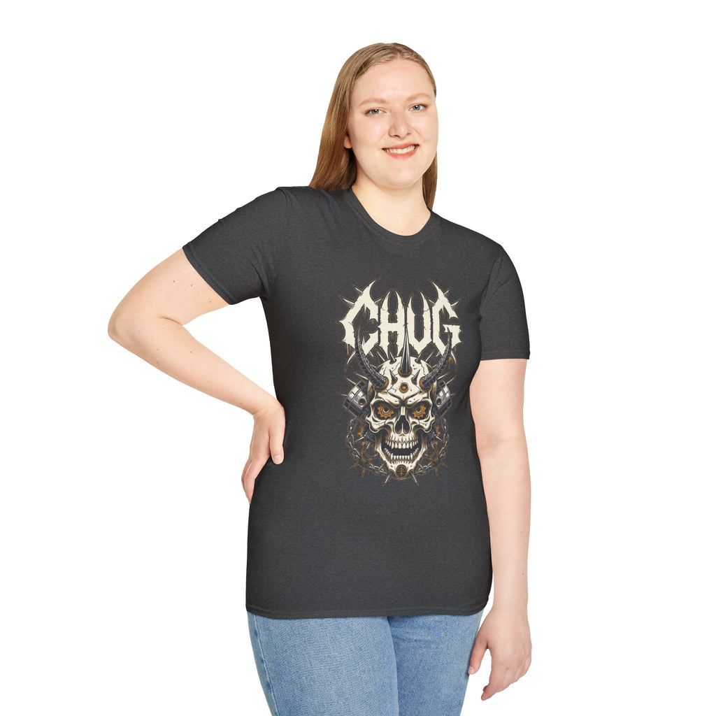 Chug Guitar Riffs Skull Tee — "Chug" Chains & Pistons Metal T-Shirt