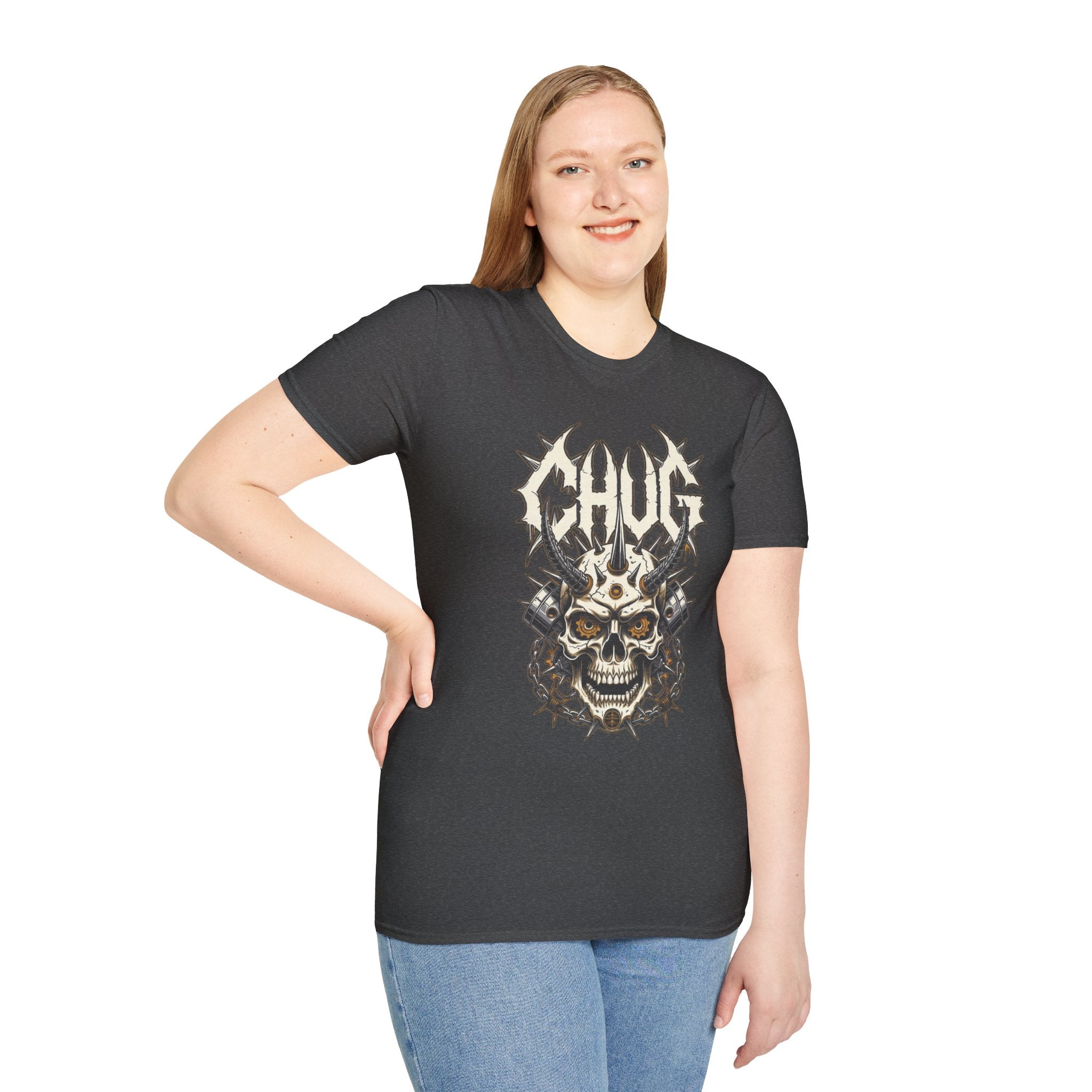 Chug Guitar Riffs Skull Tee — "Chug" Chains & Pistons Metal T-Shirt