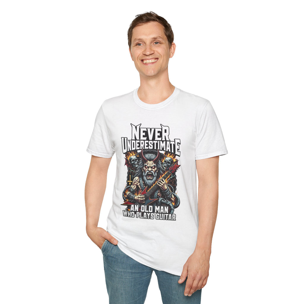 Never Underestimate an Old Man Who Plays Guitar T-Shirt — Vintage Rock Guitarist Tee
