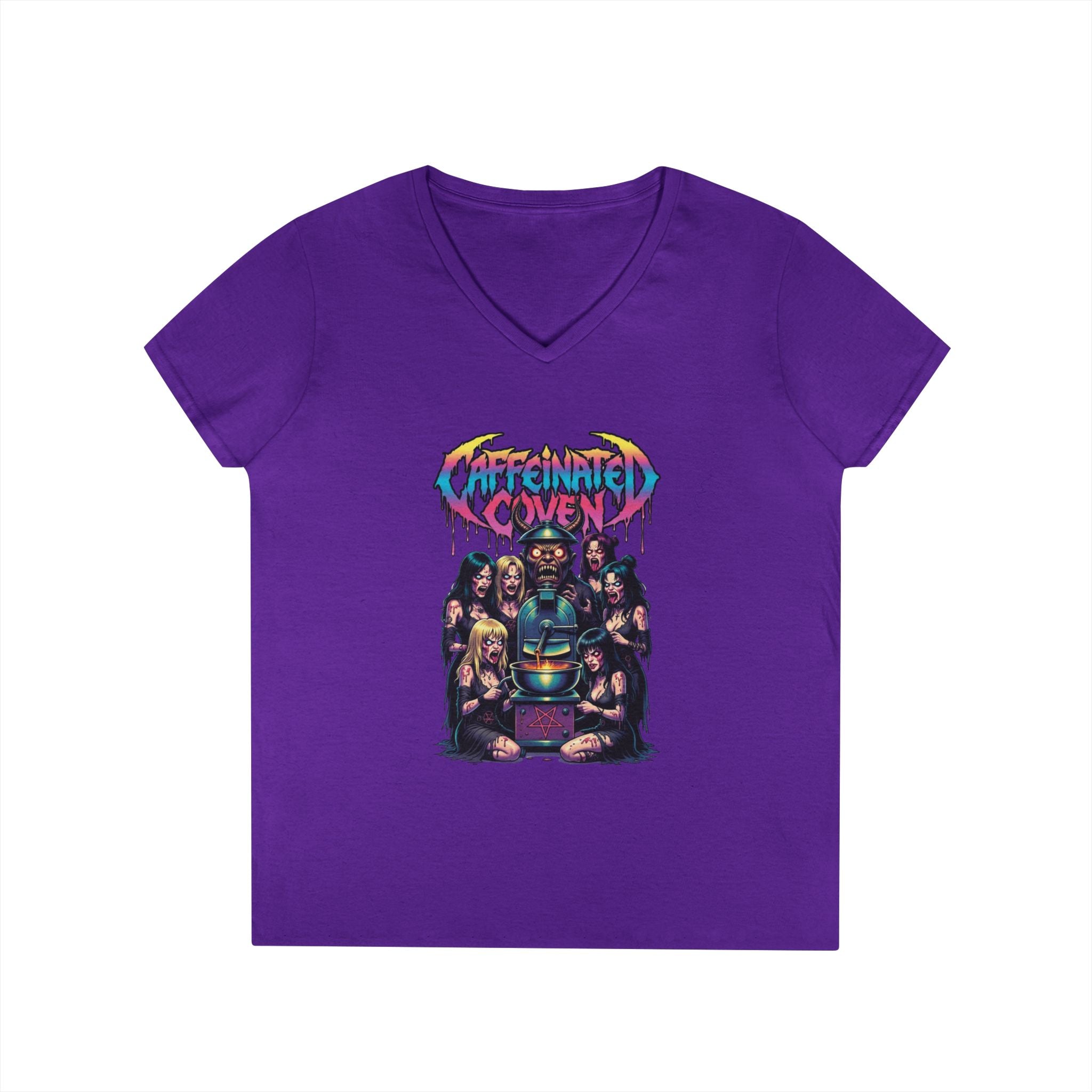 Caffeinated Ladies' V-Neck T-Shirt — Retro Horror Crew Graphic Tee (Creepy Doll & Dripping Logo)