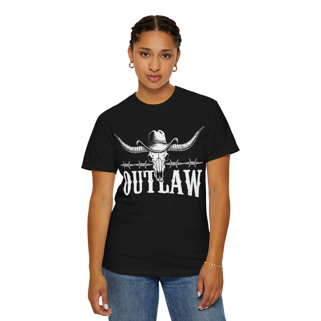 Outlaw Western T-Shirt — Longhorn Skull & Barbed Wire Cowboy Tee