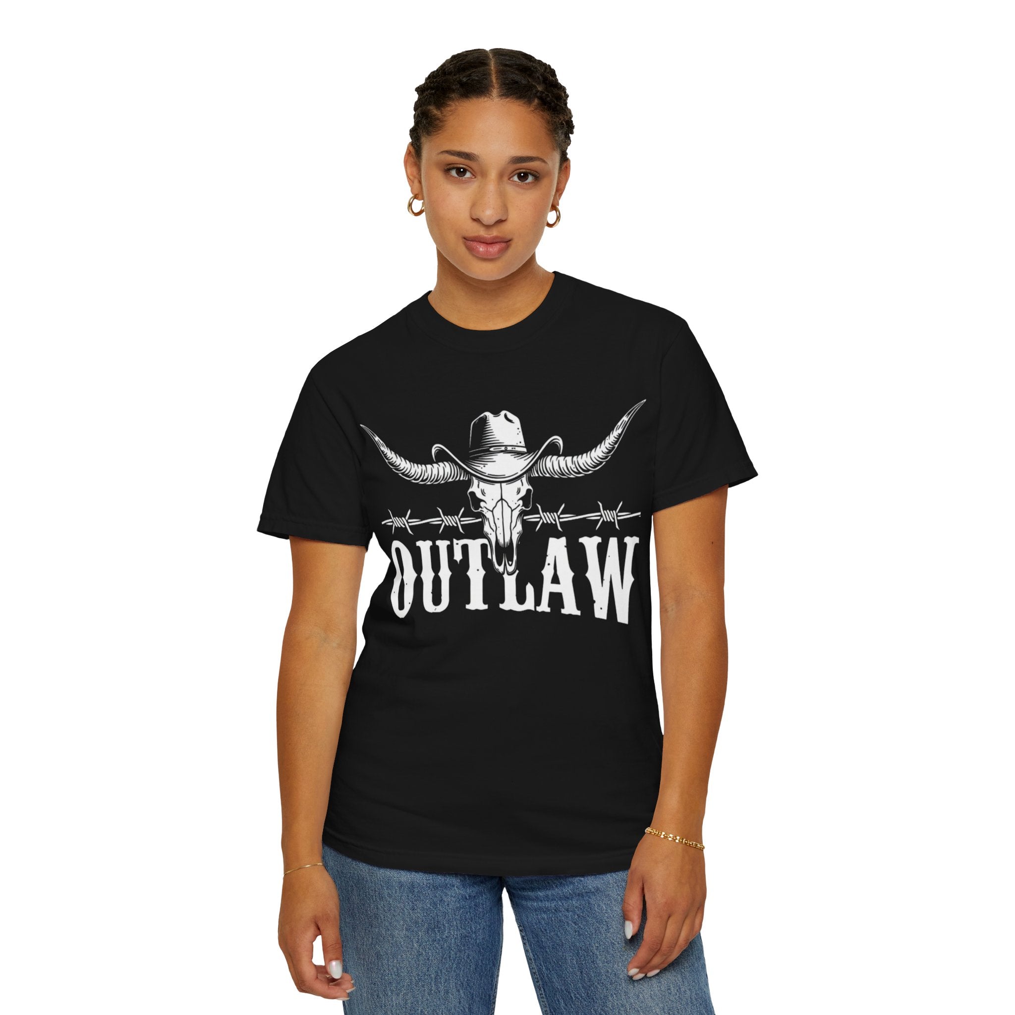 Outlaw Western T-Shirt — Longhorn Skull & Barbed Wire Cowboy Tee